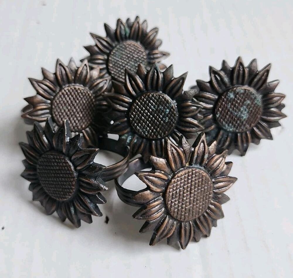 MCM cast brass Metal Set 6 sunflower napkin rings FARMHOUSE botanical Vnt Style